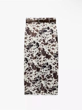 Zara Brown and White Cow-Print Midi Skirt with Belt